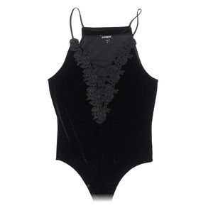 Express Black Velvet Bodysuit with Floral Applique